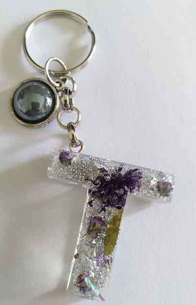 Personal Keyring, Letter `T`, Silver And Purple, Size 40mm x ±9mm, Resin Product, Handmade, Unique