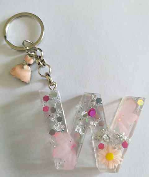 Personal Keyring, Letter `W`, Pink And Silver, Size 40mm x ±9mm, Resin Product, Handmade, Unique