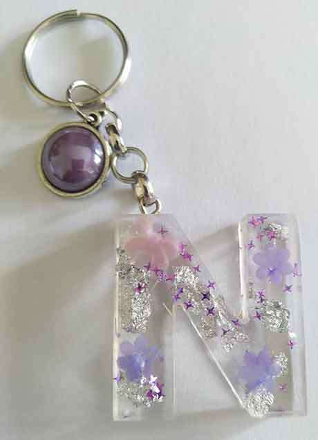 Personal Keyring, Letter `N`, Purple And Silver, Size 40mm x ±9mm, Resin Product, Handmade, Unique