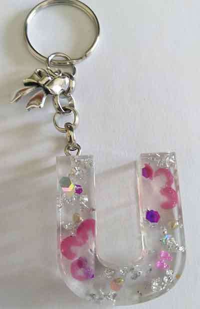Personal Keyring, Letter `U`, Purple And Silver, Size 40mm x ±9mm, Resin Product, Handmade, Unique
