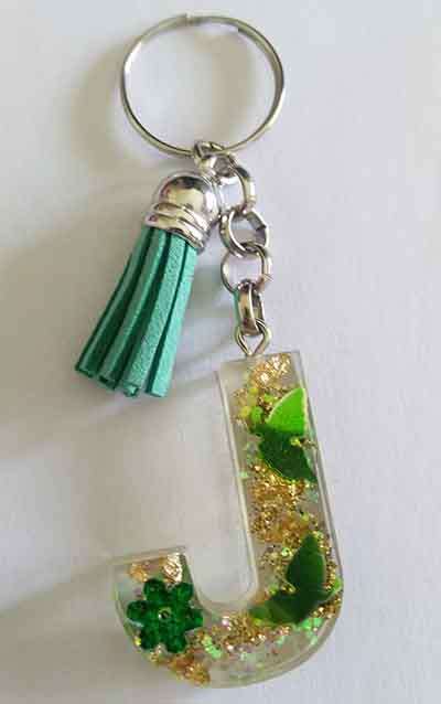 Personal Keyring, Letter `J`, Green And Gold, Size 40mm x ±9mm, Resin Product, Handmade, Unique