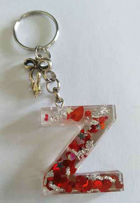 Personal Keyring, Letter `Z`, Red And Silver, Size 40mm x ±9mm, Resin Product, Handmade, Unique