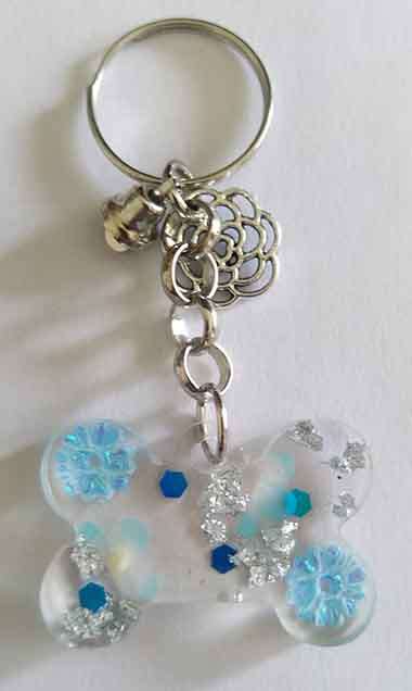 Personal Keyring, Bone Shape, Shades Of Blue, Size 27mm x 39mm, Resin Product, Handmade, Unique