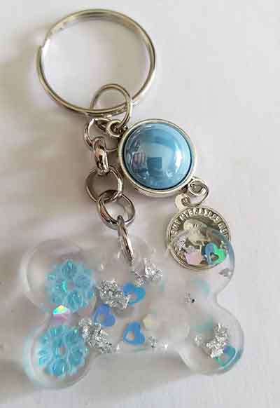 Personal Keyring, Bone Shape, Shades Of Blue, Size 27mm x 39mm, Resin Product, Handmade, Unique