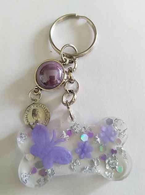 Personal Keyring, Bone Shape, Purple And Silver, Size 32mm x 49mm, Resin Product, Handmade, Unique