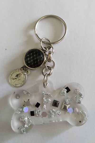 Personal Keyring, Bone Shape, Black And Silver, Size 32mm x 49mm, Resin Product, Handmade, Unique
