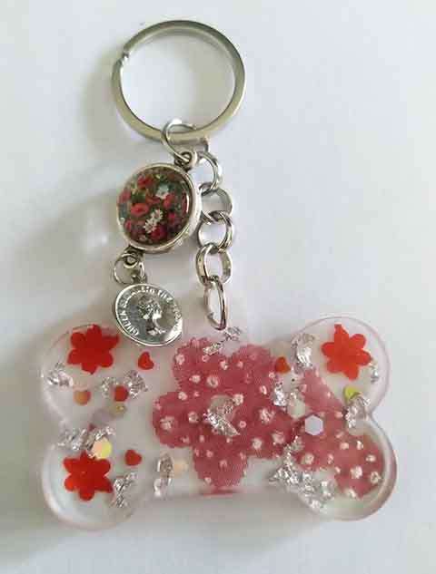 Personal Keyring, Bone Shape, Red, Size 39mm x 59mm, Resin Product, Handmade, Unique