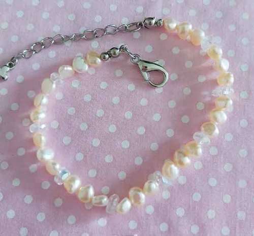 Perrine Bracelets, Peach Freshwater Pearls With Clear Crystal Beads, Lobster Clasp, 20cm + 5cm Ext