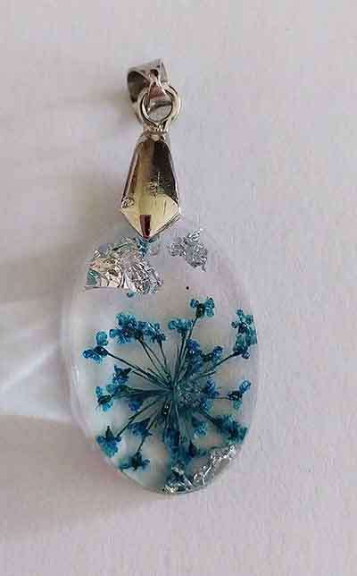 Pendant, Oval, Turquoise Blue Flower, 23mm x 15mm, Handmade Resin Product, Unique, 1pc