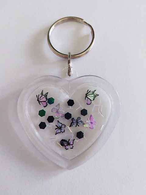 Keyring, Heart, Black With Purple Butterflies, Size 48mm, Resin Product, Handmade, Unique