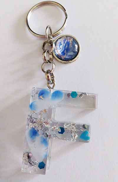Personal Keyring, Letter `F`, Blue And Silver, Size 40mm x ±9mm, Resin Product, Handmade, Unique