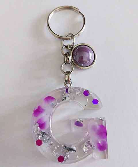 Personal Keyring, Letter `G`, Purple And Silver, Size 40mm x ±9mm, Resin Product, Handmade, Unique