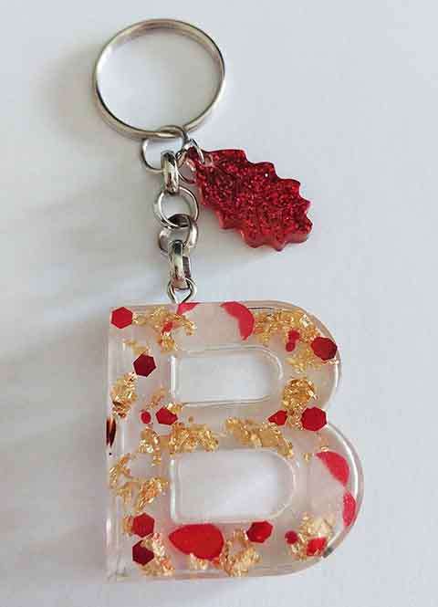 Personal Keyring, Letter `B`, Red And Gold, Size 40mm x ±9mm, Resin Product, Handmade, Unique