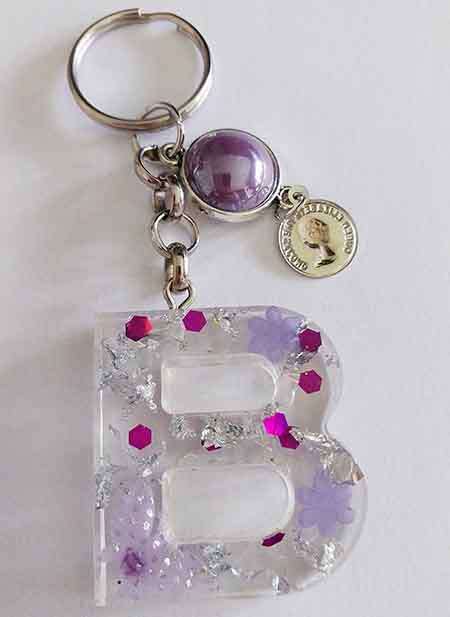 Personal Keyring, Letter `B`, Purple And Silver, Size 40mm x ±9mm, Resin Product, Handmade, Unique