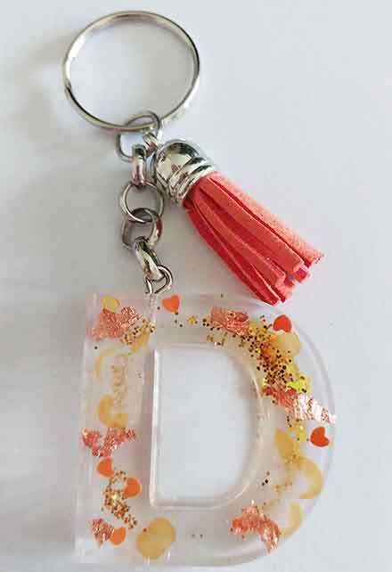 Personal Keyring, Letter `D`, Orange And Bronze, Size 40mm x ±9mm, Resin Product, Handmade, Unique
