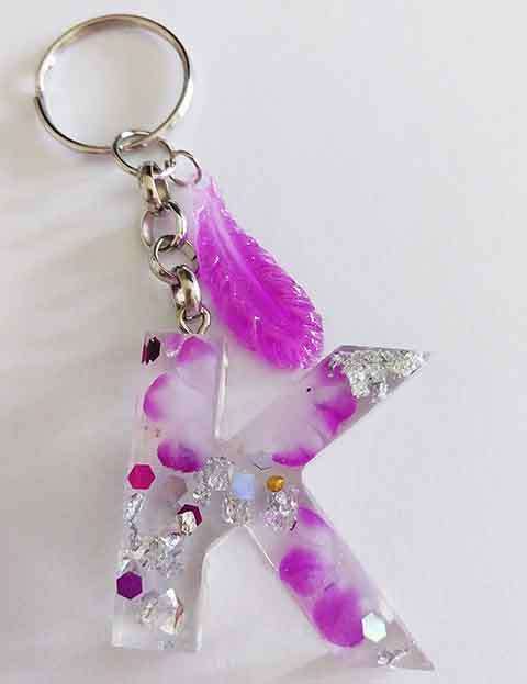 Personal Keyring, Letter `K`, Purple And Silver, Size 40mm x ±9mm, Resin Product, Handmade, Unique