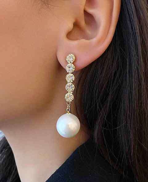 Perrine Earrings, White Faux Pearl & Clear Rhinestones, Golden Studs, Pearl Size 20mm, 55mm Long,2pc