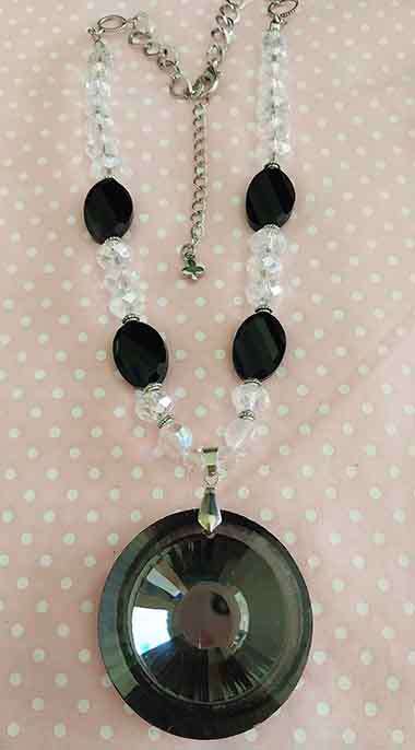 Cristia Necklace, Black Beads With Clear Crystal Beads, Black Pendant, Lobster Clasp, 42cm + 5cm