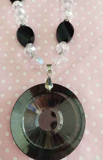 Cristia Necklace, Black Beads With Clear Crystal Beads, Black Pendant, Lobster Clasp, 42cm + 5cm