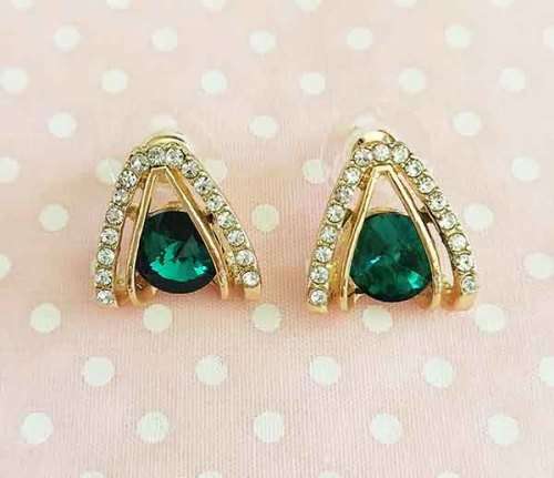 Riza Earrings, Green And Clear Rhinestones, Golden Ear Studs, 16mm, 2pc