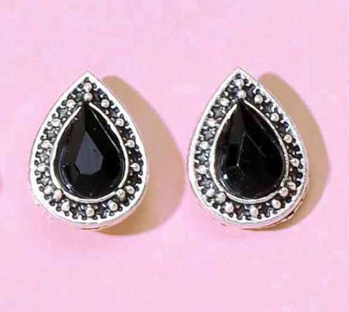 Riza Earrings, Black Rhinestone Teardrop, Nickel Ear Studs, 13mm x 10mm, 2pc