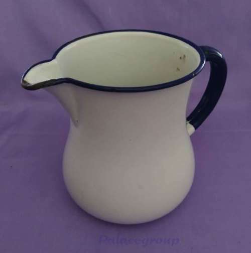 White And Dark Blue Enamel Water / Milk Jug, Chip Marks, 1300ml, See Photo`s For More Info
