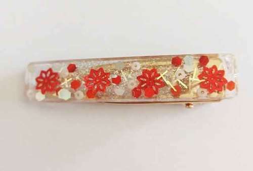 Hair Clips, Rectangle, Red With Silver, Size 72mm x 15mm, Resin Product, Handmade, Unique