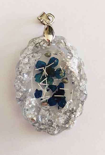 Pendant, Oval, Blue With Silver, 33mm x 24mm, Handmade Resin Product, Unique, 1pc