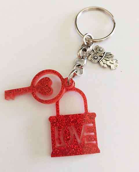 Personal Keyring, Lock And Key, Red Glitter, Size 43mm, Resin Product, Handmade, Unique