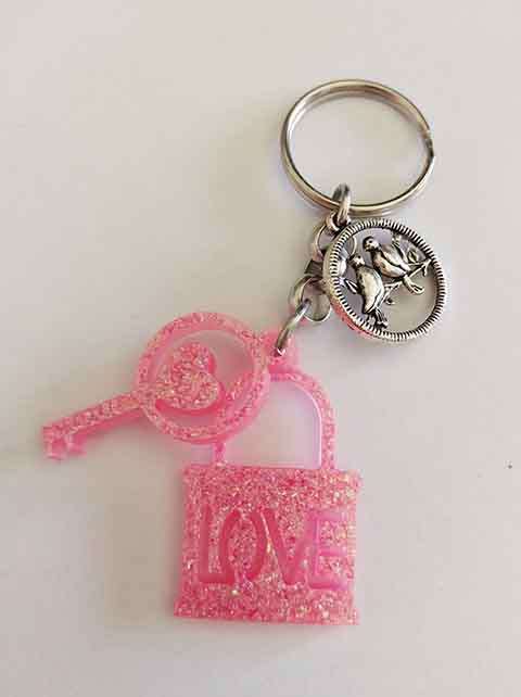 Personal Keyring, Lock And Key, Pink Glitter, Size 43mm, Resin Product, Handmade, Unique