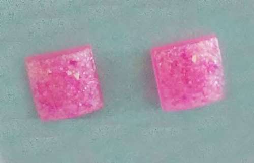 Earrings, Square, Pink, Stud, 10mm Diameter, Handmade Resin Product, Unique