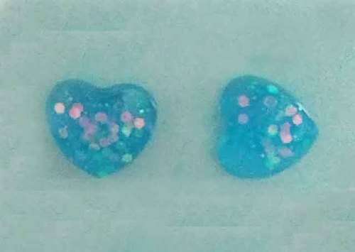 Earrings, Heart, Blue, Stud, 10mm Diameter, Handmade Resin Product, Unique