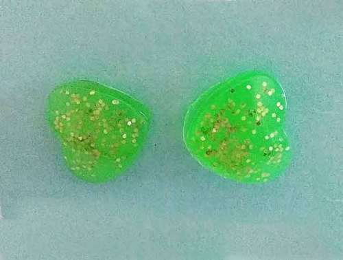 Earrings, Heart, Green, Stud, 10mm Diameter, Handmade Resin Product, Unique