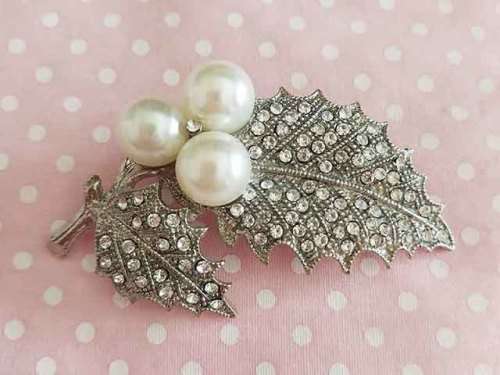 Perrine Brooch, White Faux Pearls With Clear Rhinestones, 60mm x 40mm, 1pc