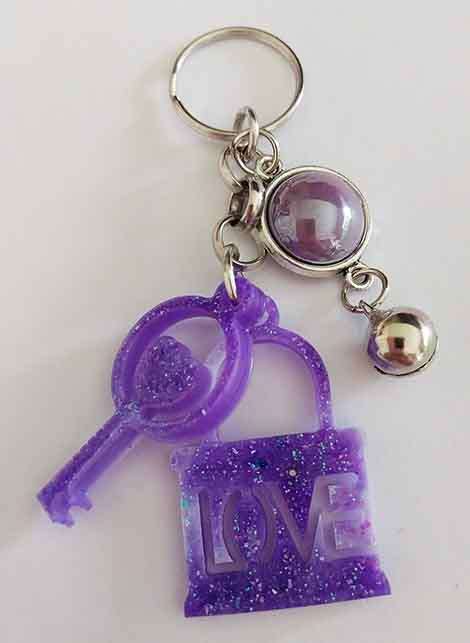 Personal Keyring, Lock And Key Set, Purple, Size 43mm, Resin Art Product, Unique