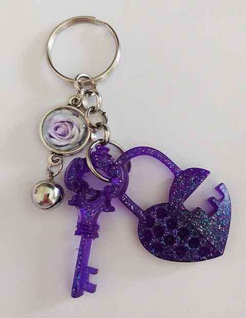 Personal Keyring, Lock And Key Set, Dark Purple, Size 46mm, Resin Art Product, Unique