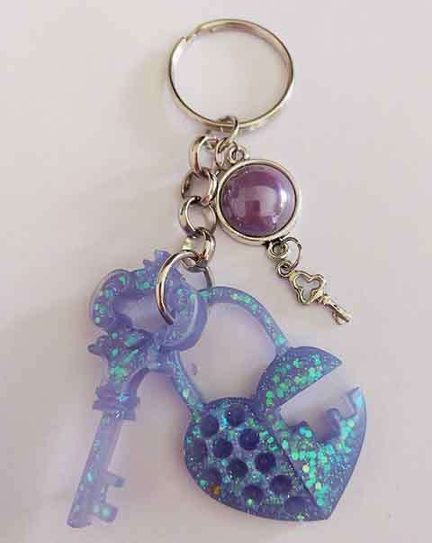 Personal Keyring, Lock And Key Set, Light Purple, Size 46mm, Resin Art Product, Unique
