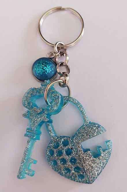 Personal Keyring, Lock And Key Set, Turquoise And Silver, Size 46mm, Resin Art Product, Unique
