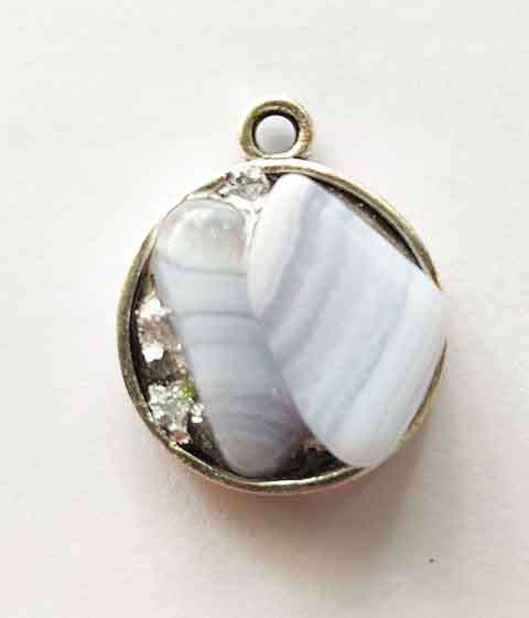 Pendant, Blue Lace Agate On Nickel Back Set In Resin, 31mm, Handmade, Art Resin Product, Unique, 1pc