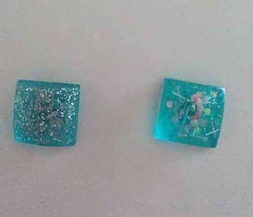 Earrings, Square, Turquoise And Silver, Stud, 10mm, Handmade, Art Resin Product, Unique