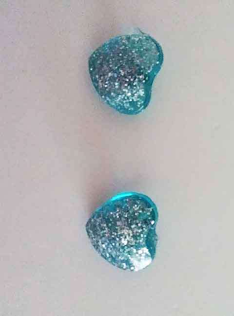 Earrings, Heart, Turquoise With Silver, Stud, 10mm Diameter, Handmade, Art Resin Product, Unique