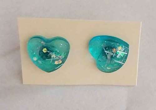 Earrings, Heart, Turquoise, Stud, 10mm Diameter, Handmade, Art Resin Product, Unique