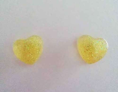 Earrings, Heart, Yellow, Stud, 10mm Diameter, Handmade, Art Resin Product, Unique