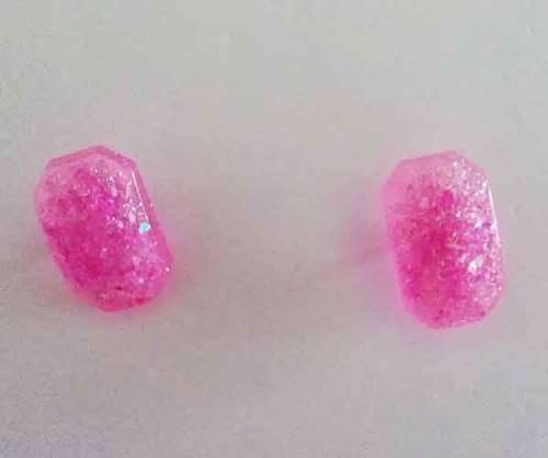 Earrings, Rounded Rectangle, Bright Pink, Stud, 11mm x 7mm, Handmade, Art Resin Product, Unique