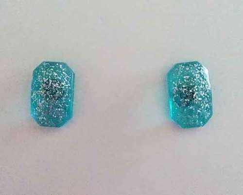 Earrings, Rounded Rectangle, Turquoise+Silver, Stud, 11mm x 7mm, Handmade, Art Resin Product, Unique
