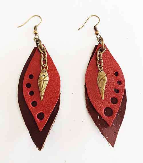 Earrings, Brown + Red Leather + Bronze Findings On Ear Hooks, Handmade Leather Product, Unique, 2pc