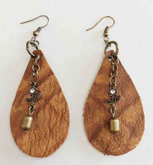 Earrings, Light Brown Leather + Bronze Findings On Ear Hooks, Handmade Leather Product, Unique, 2pc