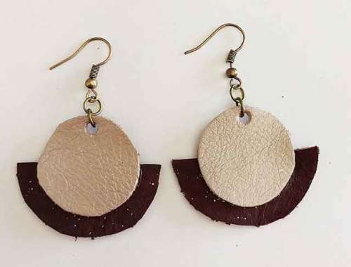 Earrings, Red And Champagne Leather + Bronze Ear Hooks, Handmade Leather Product, Unique, 2pc