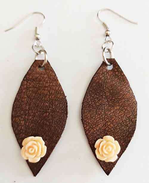 Earrings, Brown Leather + Peach Rose + Nickel Ear Hooks, 75mm, Handmade Leather Product, Unique, 2pc