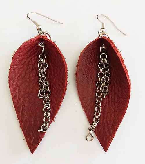 Earrings, Red Leather + Nickel Findings And Ear Hooks, 76mm, Handmade Leather Product, Unique, 2pc